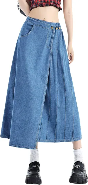 chouyatou Women's Y2k Irregular Denim Skirt High Elastic Waist Pleated A-Line Midi Long Jean Skirt