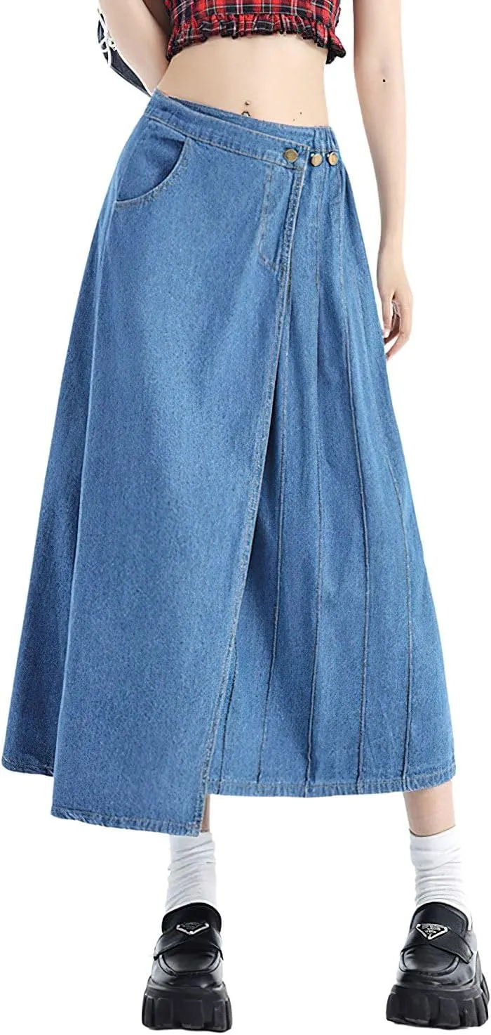 chouyatou Women's Y2k Irregular Denim Skirt High Elastic Waist Pleated A-Line Midi Long Jean Skirt