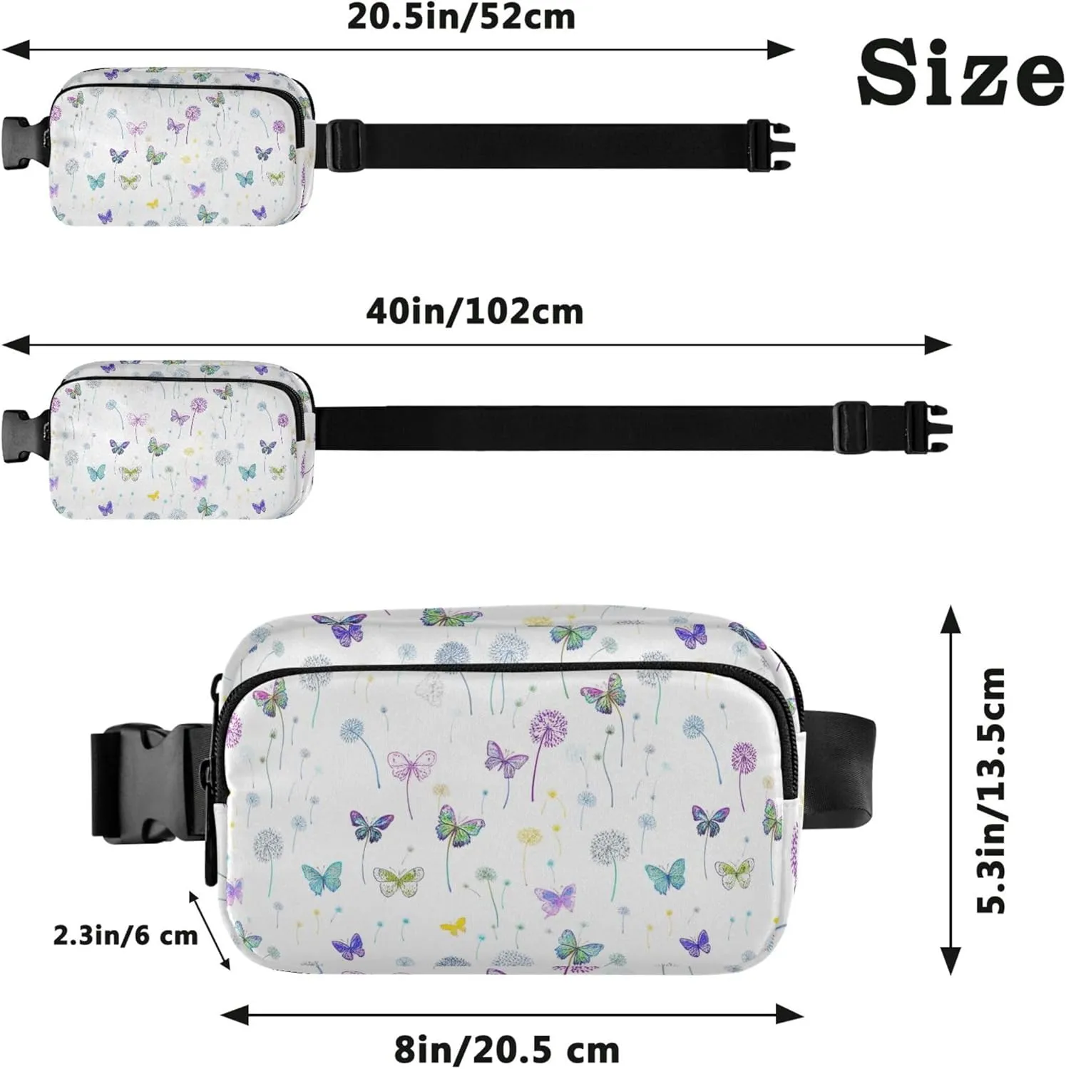 Colorful Butterflies Dandelions Womens Fanny Pack Waterproof Large Hip Belt Bag Cute Cross Body Waist Pack