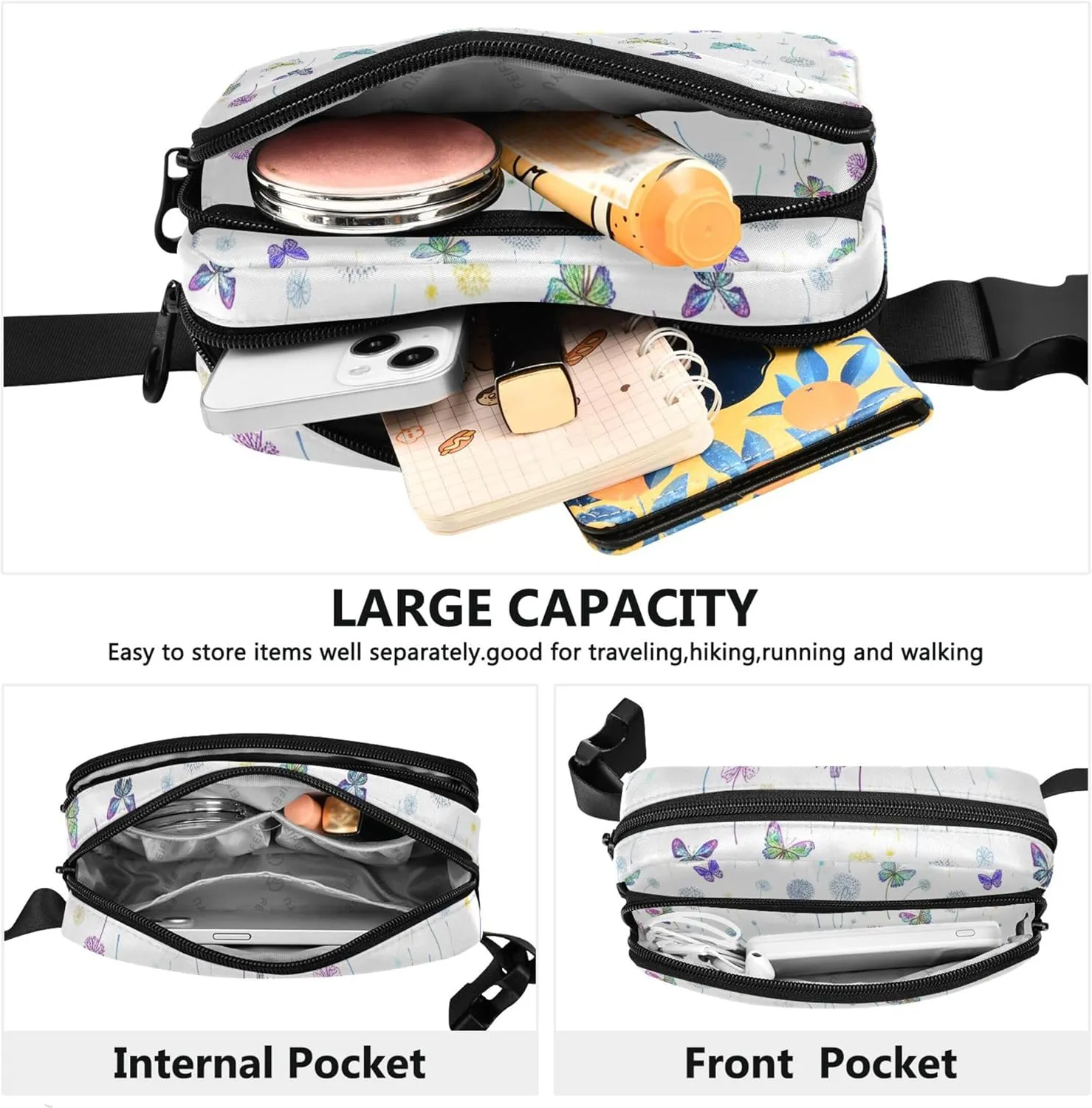 Colorful Butterflies Dandelions Womens Fanny Pack Waterproof Large Hip Belt Bag Cute Cross Body Waist Pack