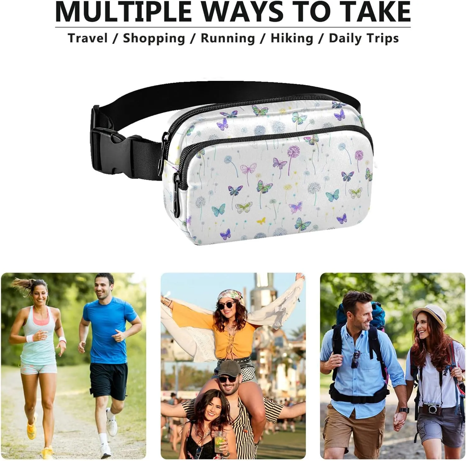 Colorful Butterflies Dandelions Womens Fanny Pack Waterproof Large Hip Belt Bag Cute Cross Body Waist Pack