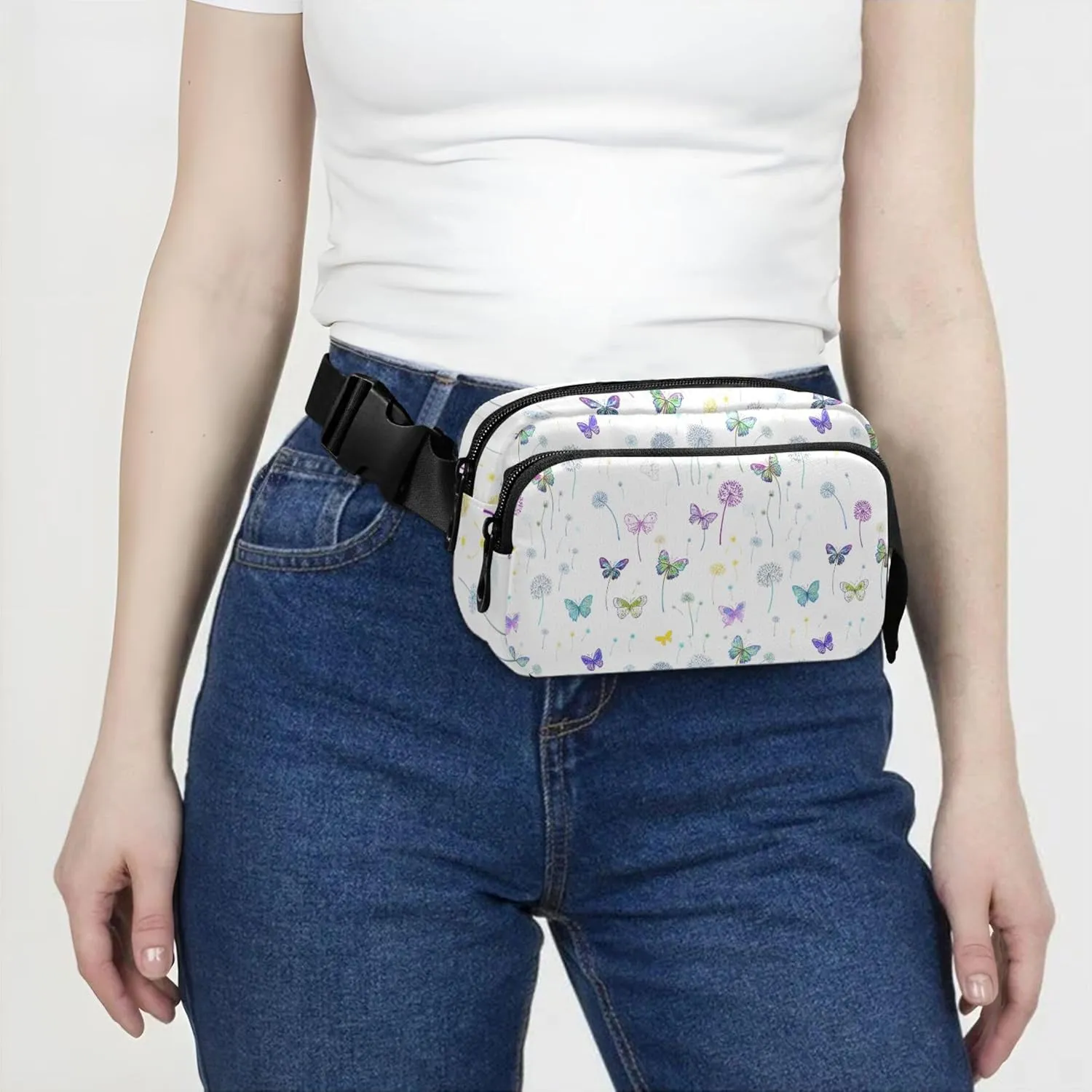 Colorful Butterflies Dandelions Womens Fanny Pack Waterproof Large Hip Belt Bag Cute Cross Body Waist Pack
