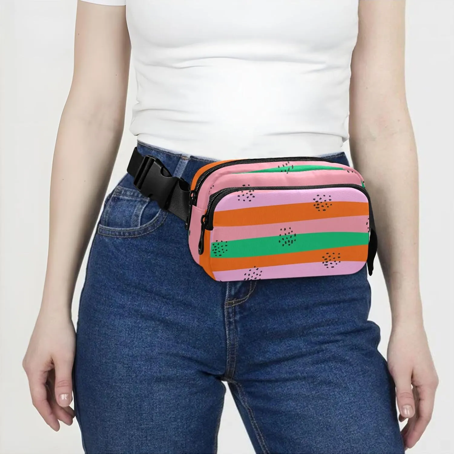Colorful Pink Stripes Fanny Packs Women Waterproof Hip Pouch Belt Bag Trendy Travel Waist Pouch