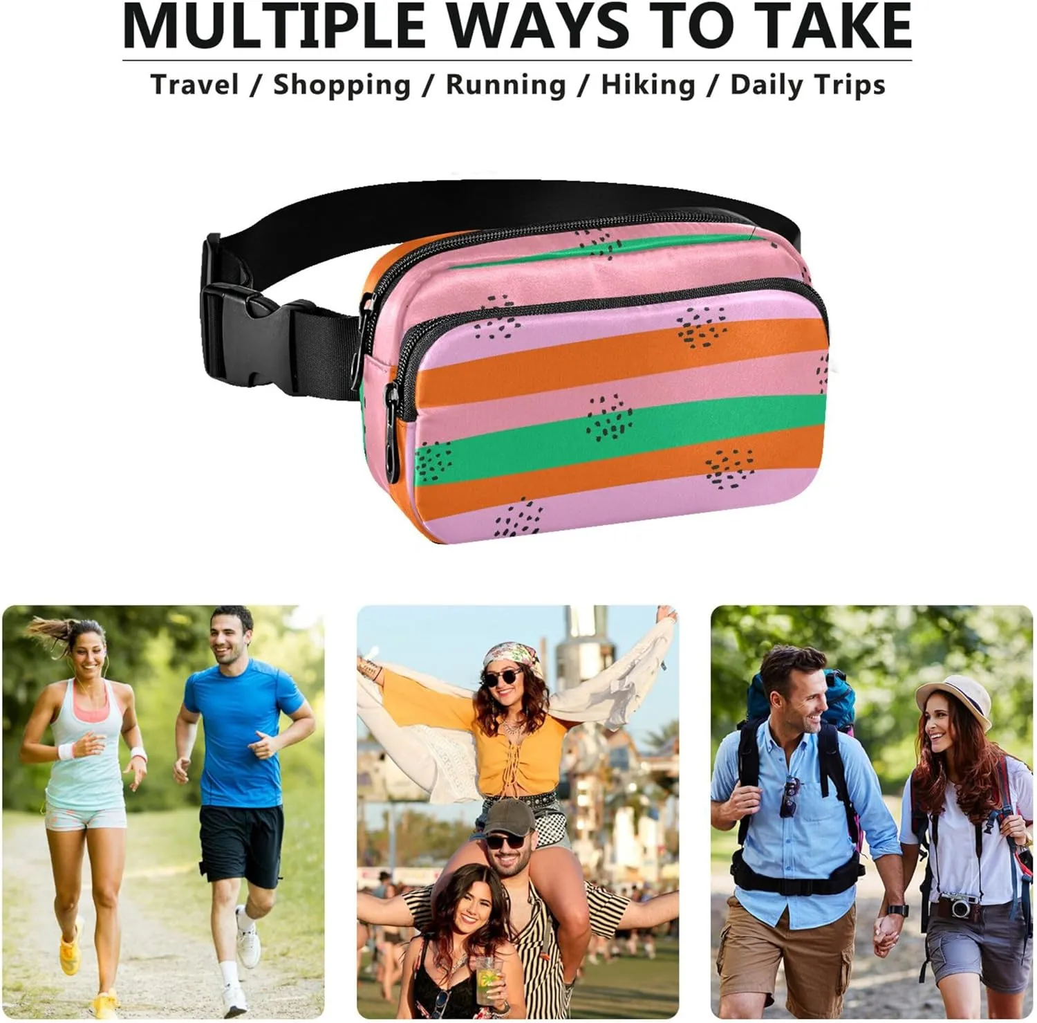 Colorful Pink Stripes Fanny Packs Women Waterproof Hip Pouch Belt Bag Trendy Travel Waist Pouch