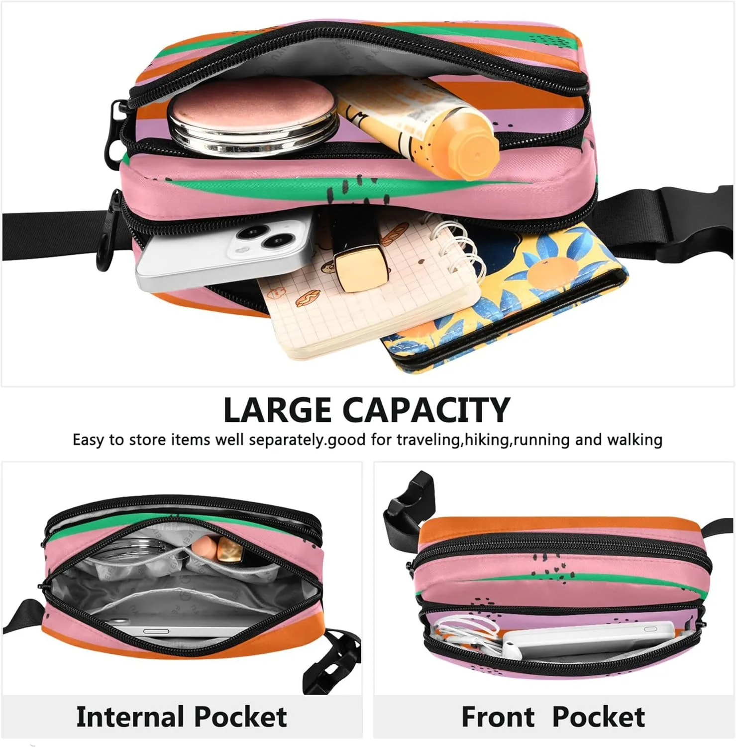 Colorful Pink Stripes Fanny Packs Women Waterproof Hip Pouch Belt Bag Trendy Travel Waist Pouch