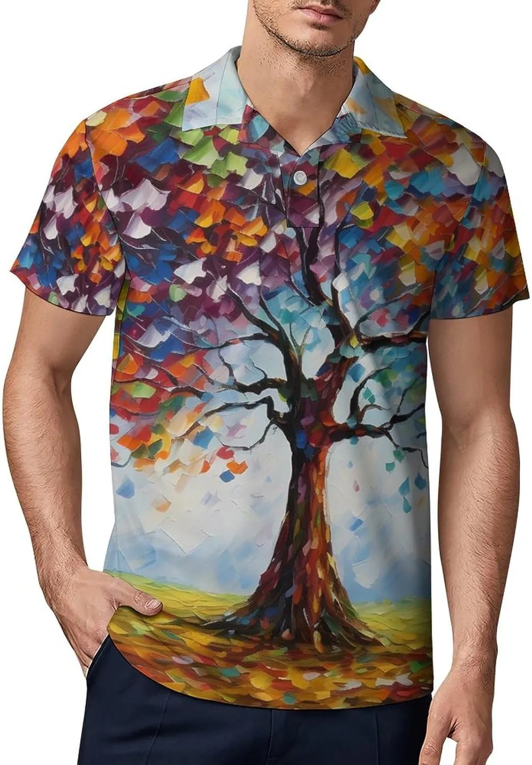 Colorful Tree Painting Men's Polo Shirt Short Sleeve Casual Athletic Quick Dry Golf T-Shirts
