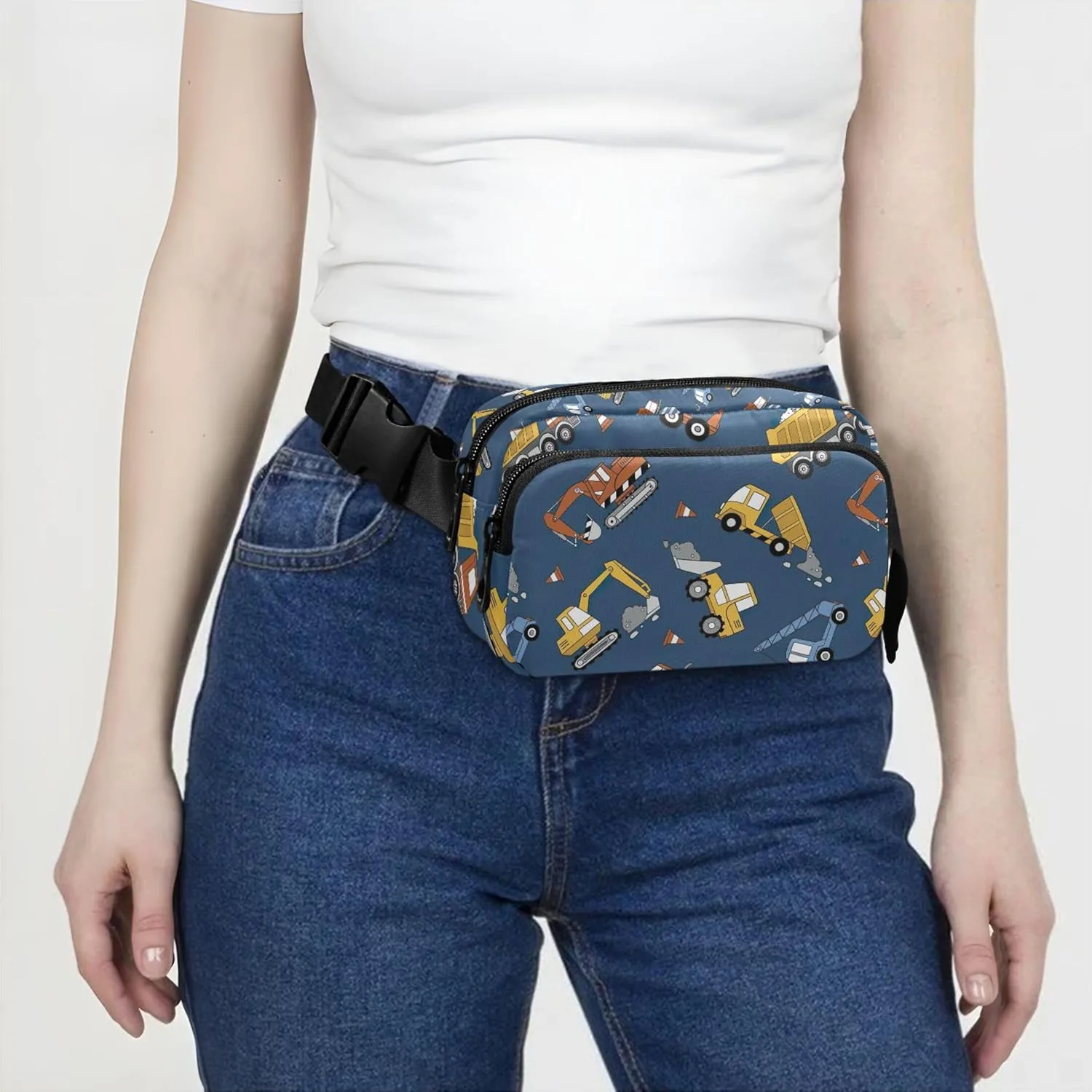 Construction Trucks Bulldozers Navy Womens Fanny Pack Waterproof Large Hip Belt Bag Cute Crossbody Waist Purse