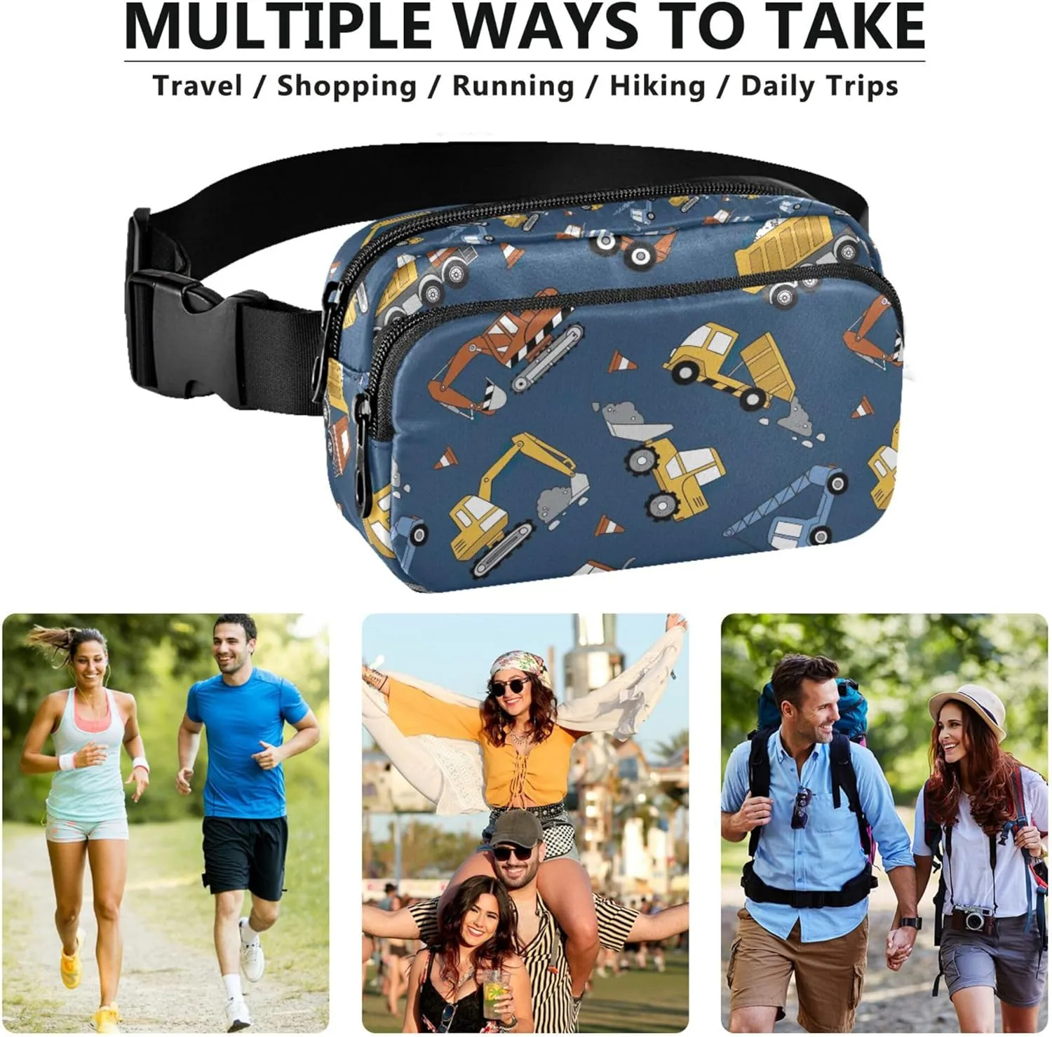 Construction Trucks Bulldozers Navy Womens Fanny Pack Waterproof Large Hip Belt Bag Cute Crossbody Waist Purse