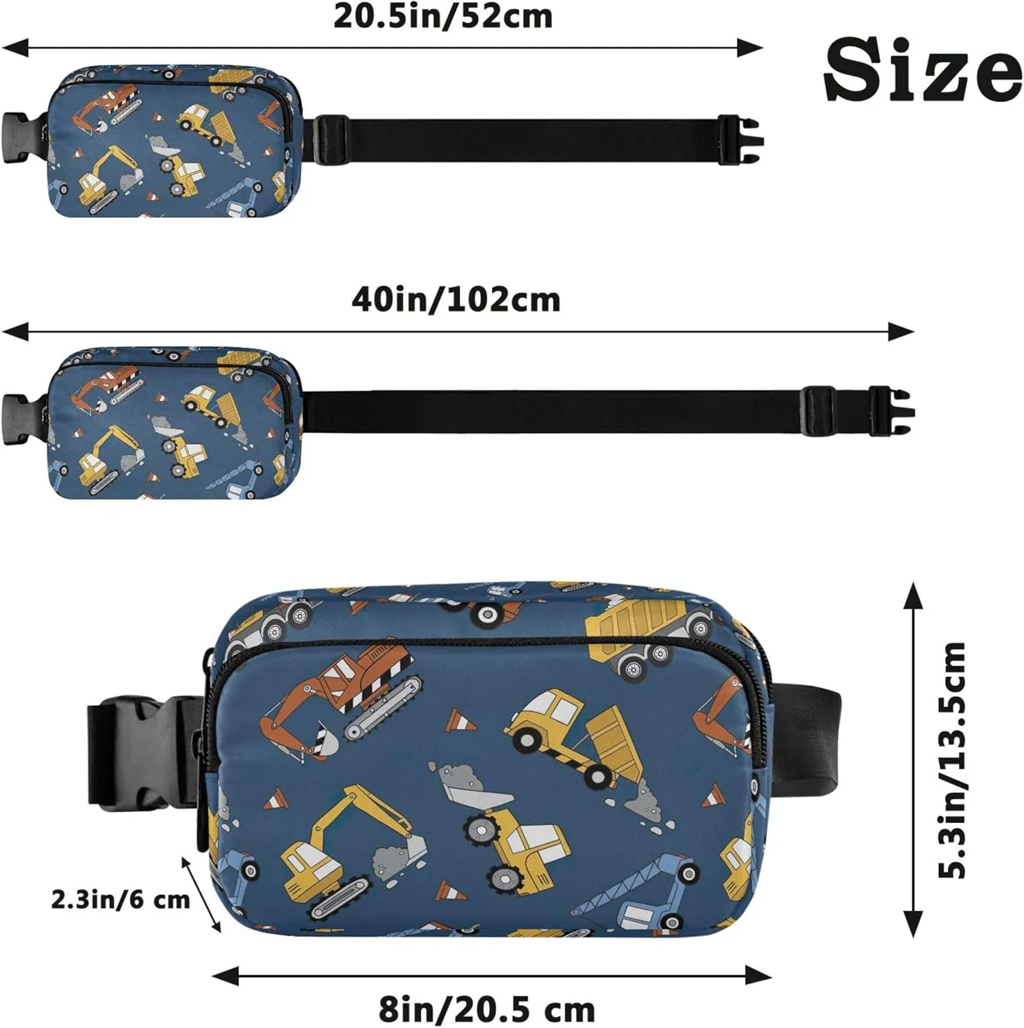 Construction Trucks Bulldozers Navy Womens Fanny Pack Waterproof Large Hip Belt Bag Cute Crossbody Waist Purse