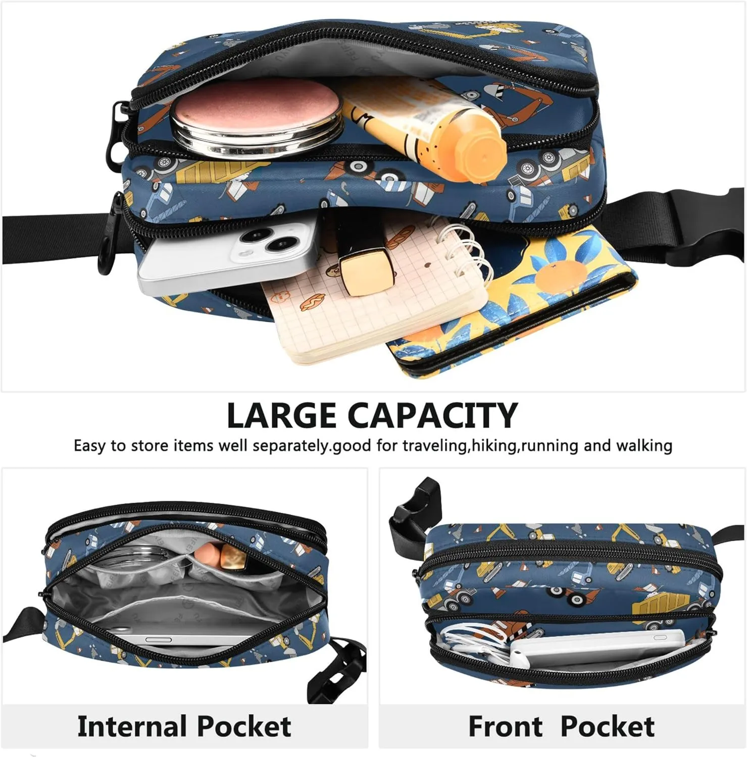 Construction Trucks Bulldozers Navy Womens Fanny Pack Waterproof Large Hip Belt Bag Cute Crossbody Waist Purse