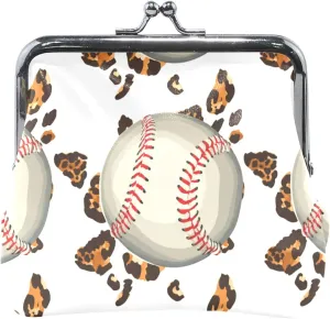Cool Baseballs Leopard Print White Personalized Leather Coin Purse Women Cute Buckle Kiss Lock Card Change Purse for Girls