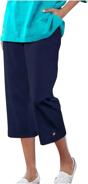Cotton Linen Capri Pants for Women Wide Leg High Waisted Palazzo Capris Pants Lightweight Beach Straight Leg Trousers