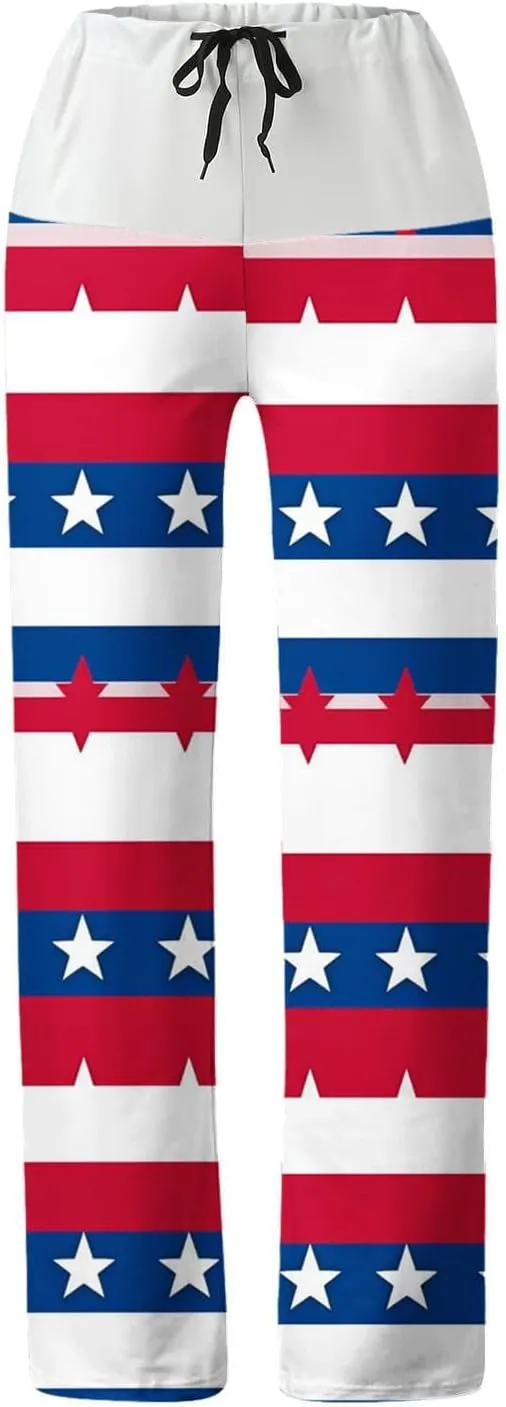 Cotton Linen High Waist Star Print Wide Leg Pull on Pants Slacks for Women Casual Trousers Drawstring Summer