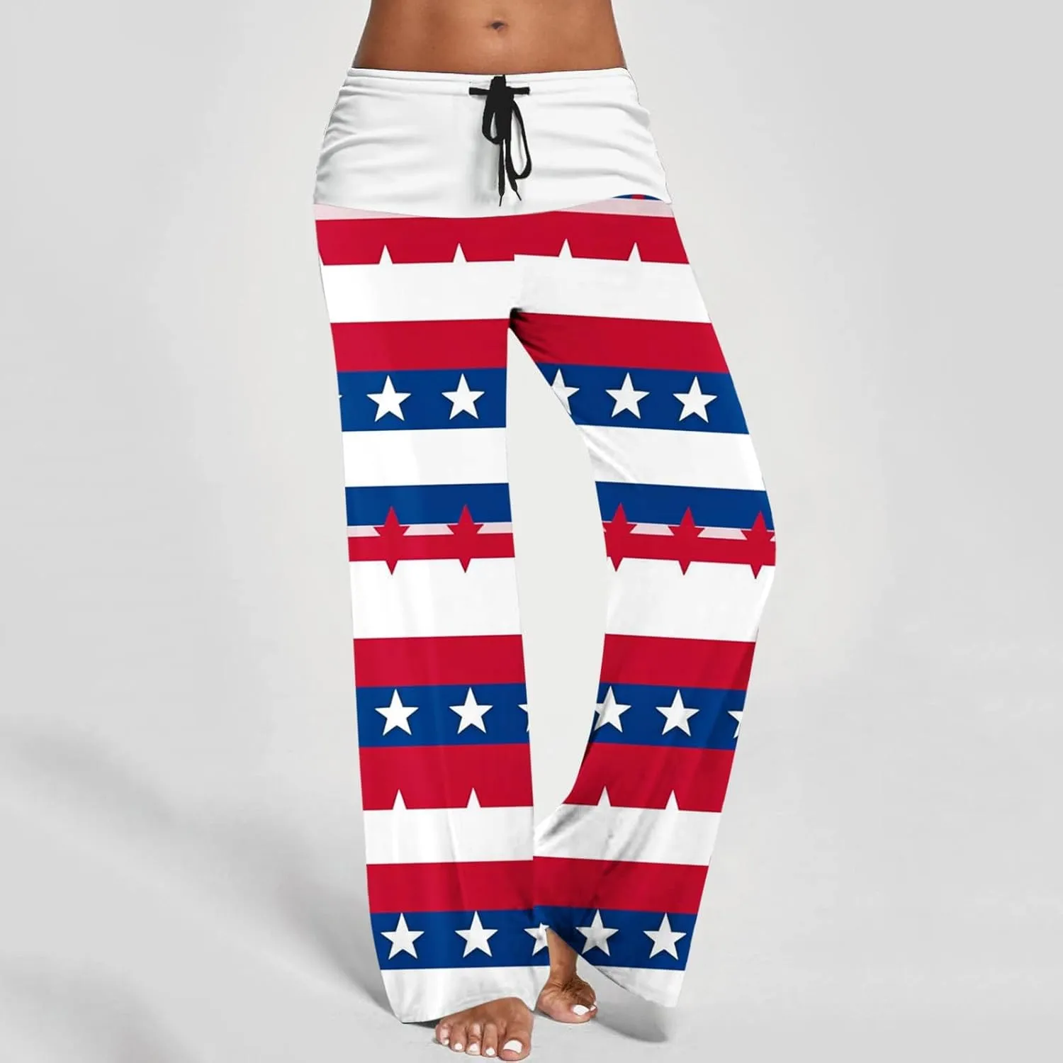 Cotton Linen High Waist Star Print Wide Leg Pull on Pants Slacks for Women Casual Trousers Drawstring Summer