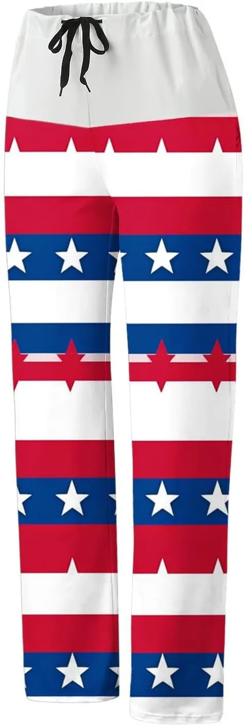 Cotton Linen High Waist Star Print Wide Leg Pull on Pants Slacks for Women Casual Trousers Drawstring Summer