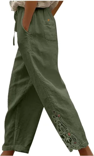 Cotton Linen Pants Women Summer Casual Loose Elastic High Waist Beach Trousers with Pockets Lace Buttom Capri Pants
