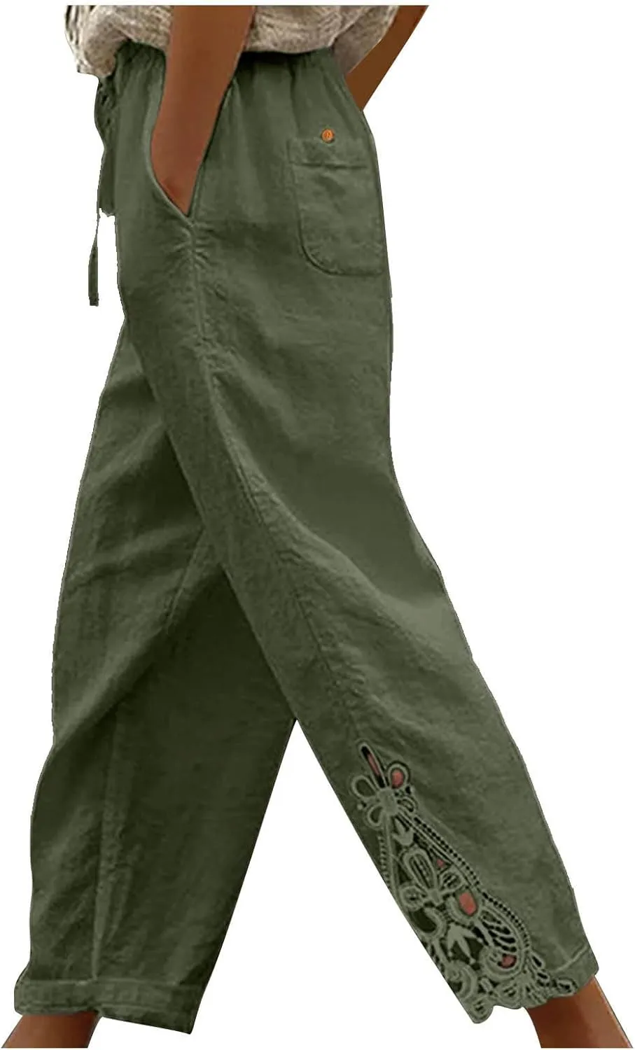 Cotton Linen Pants Women Summer Casual Loose Elastic High Waist Beach Trousers with Pockets Lace Buttom Capri Pants