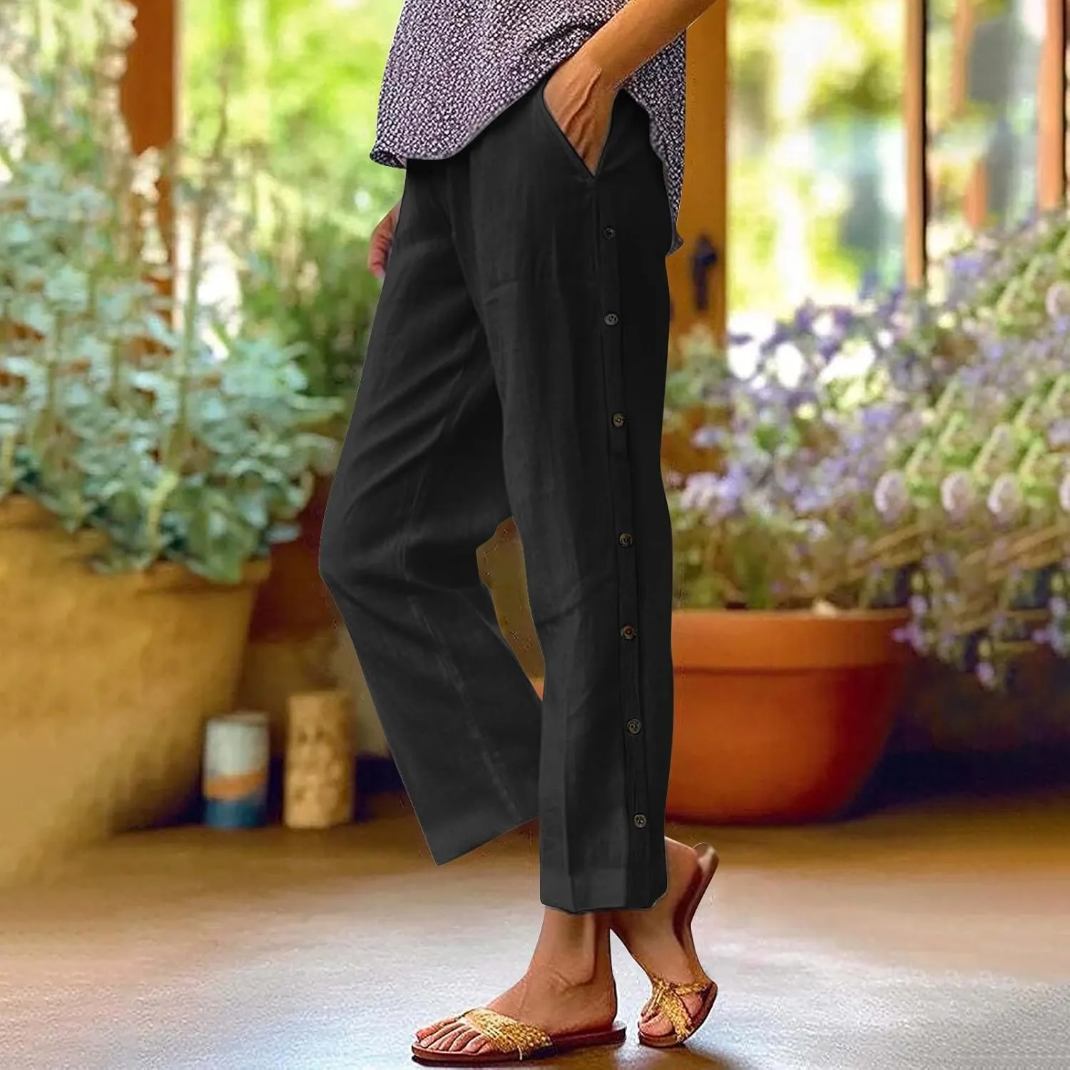 Cotton Linen Trousers for Womens Summer Side Button Straight Leg Pants Casual Baggy Solid Pant with Pocket
