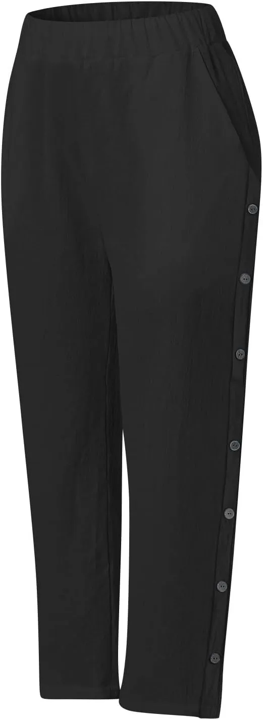 Cotton Linen Trousers for Womens Summer Side Button Straight Leg Pants Casual Baggy Solid Pant with Pocket
