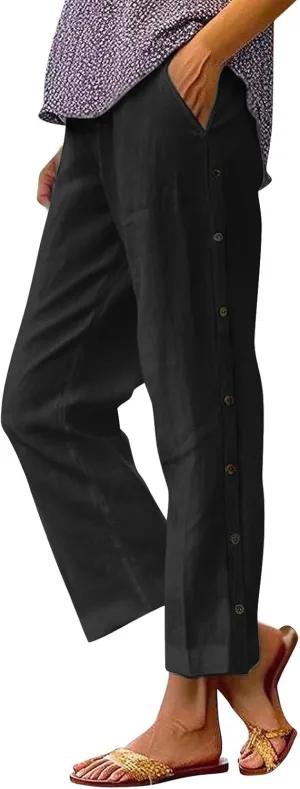 Cotton Linen Trousers for Womens Summer Side Button Straight Leg Pants Casual Baggy Solid Pant with Pocket