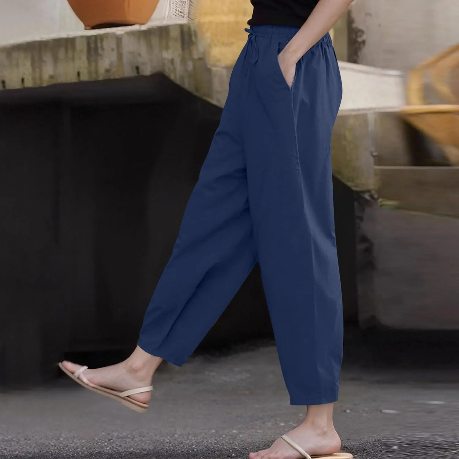 Cotton Linen Wide Leg Pants Woman Plus Size Baggy Lightweight Summer Pants High Waisted Lounge Trousers with Pockets