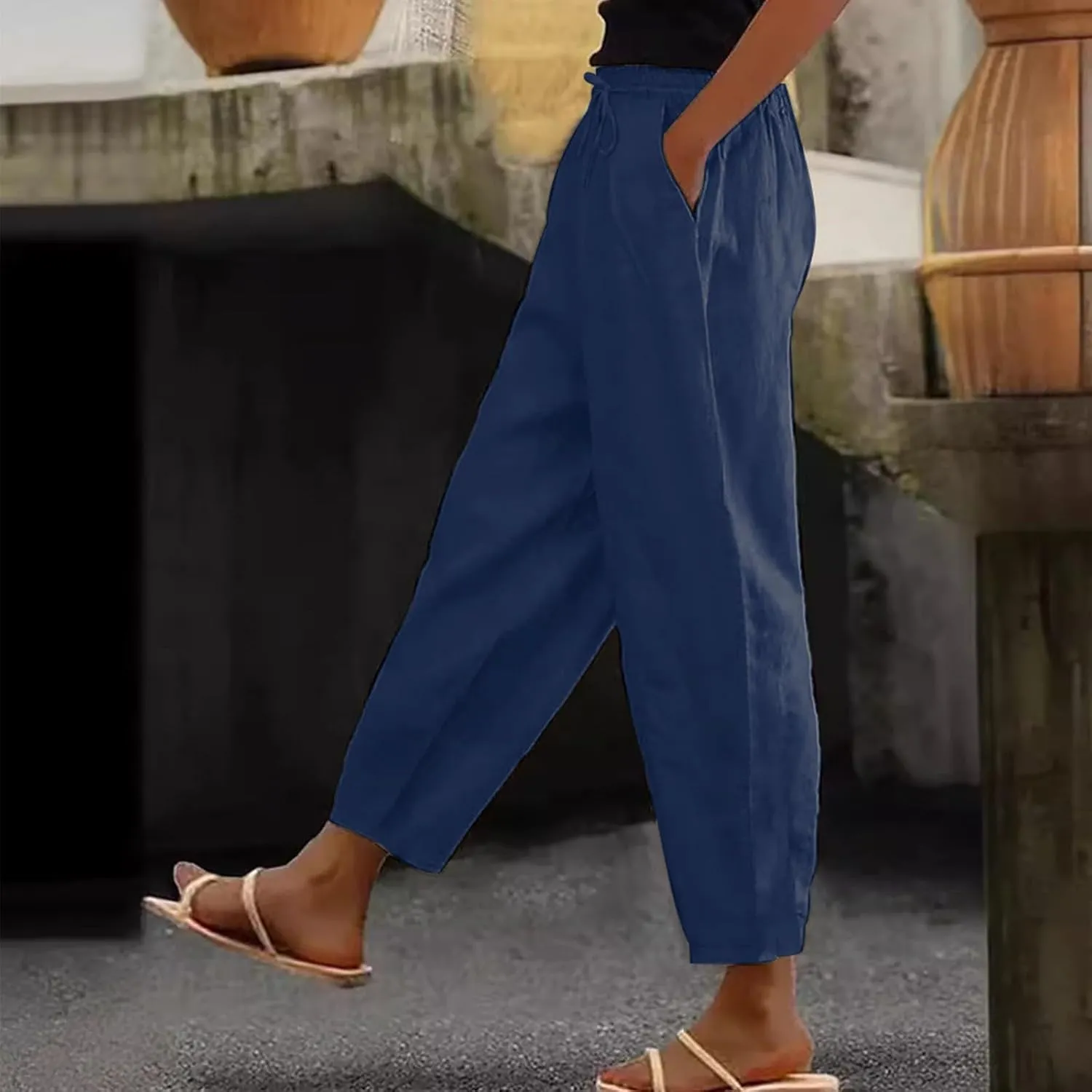 Cotton Linen Wide Leg Pants Woman Plus Size Baggy Lightweight Summer Pants High Waisted Lounge Trousers with Pockets