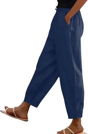 Cotton Linen Wide Leg Pants Woman Plus Size Baggy Lightweight Summer Pants High Waisted Lounge Trousers with Pockets