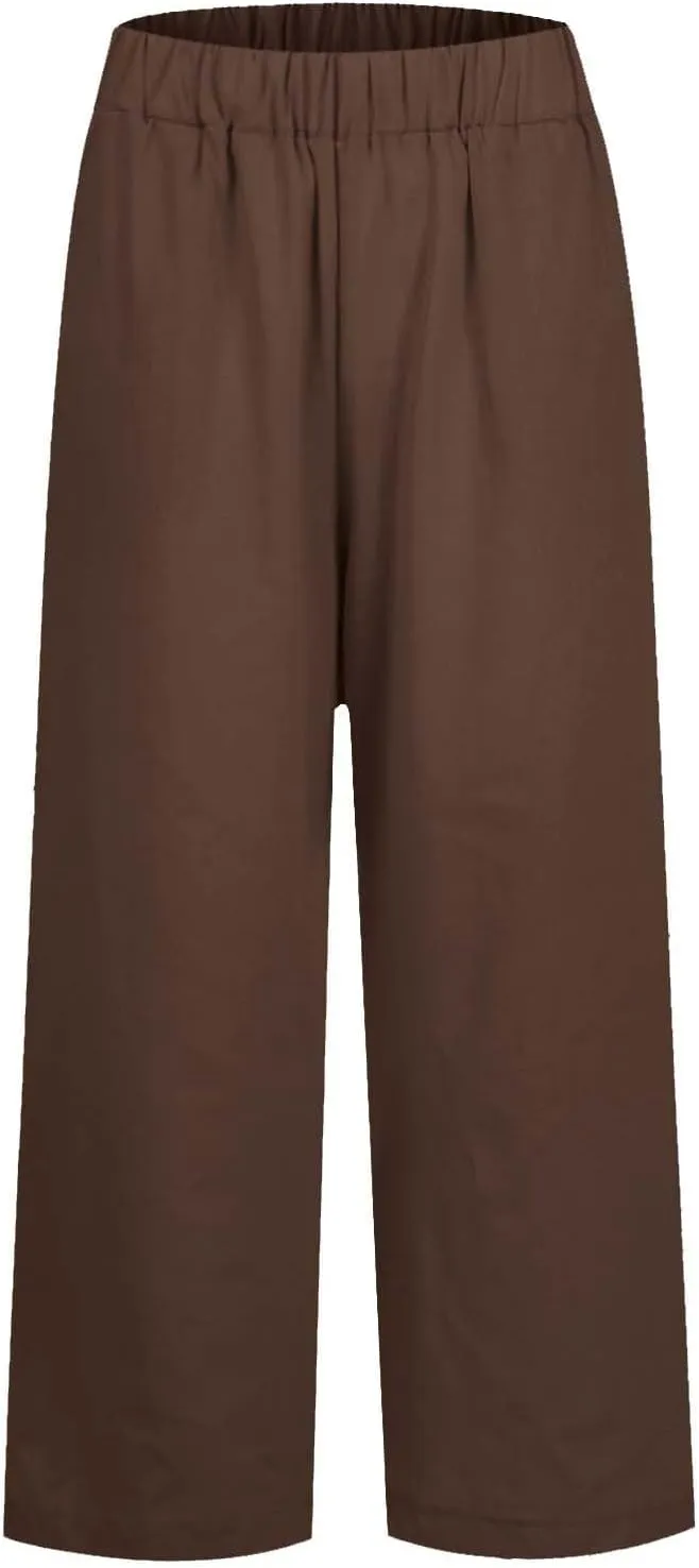 Cropped Linen Pants Women Summer Petite Plus Size Capri Pants Elastic Wide Leg Crop Pants Beach Trousers with Pockets