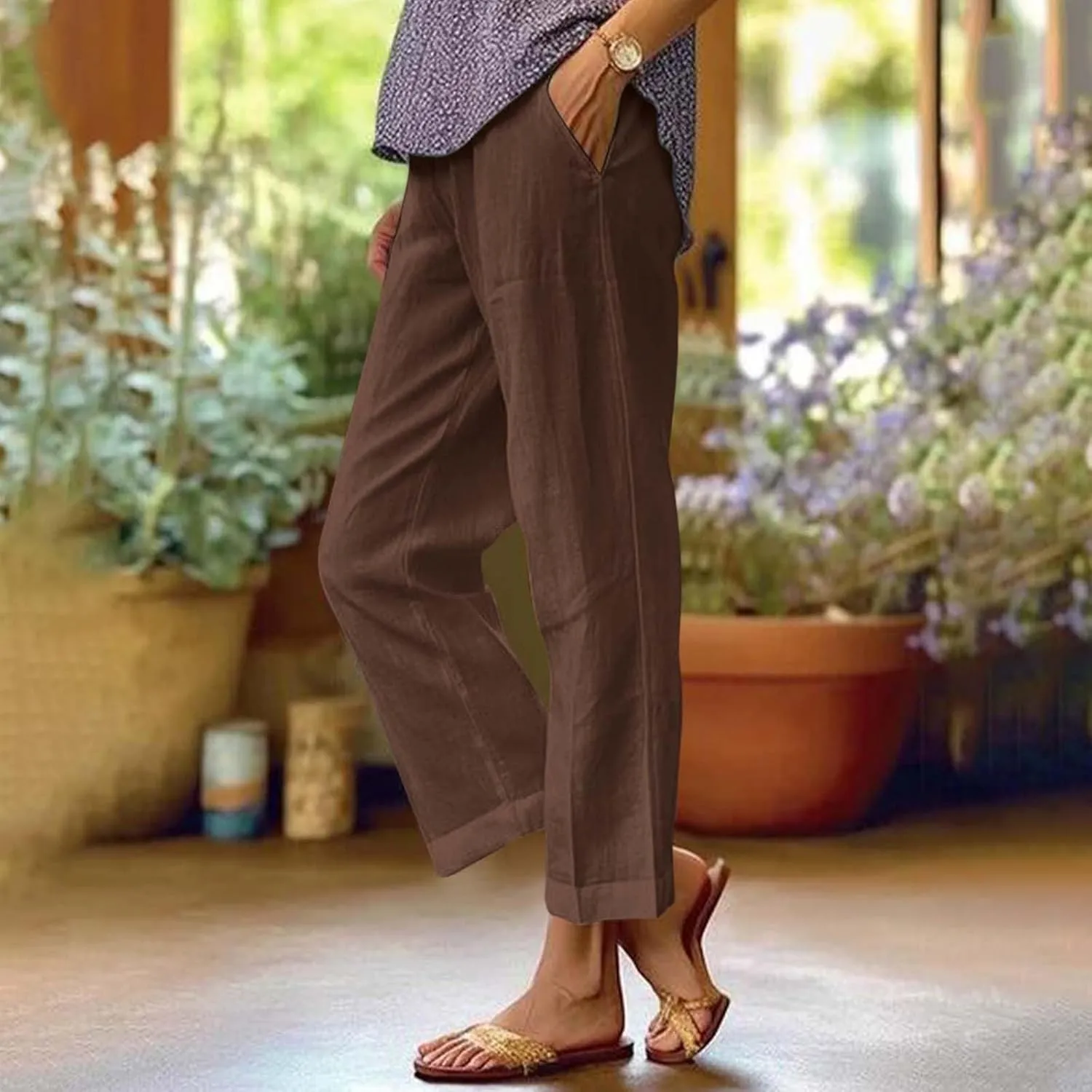 Cropped Linen Pants Women Summer Petite Plus Size Capri Pants Elastic Wide Leg Crop Pants Beach Trousers with Pockets