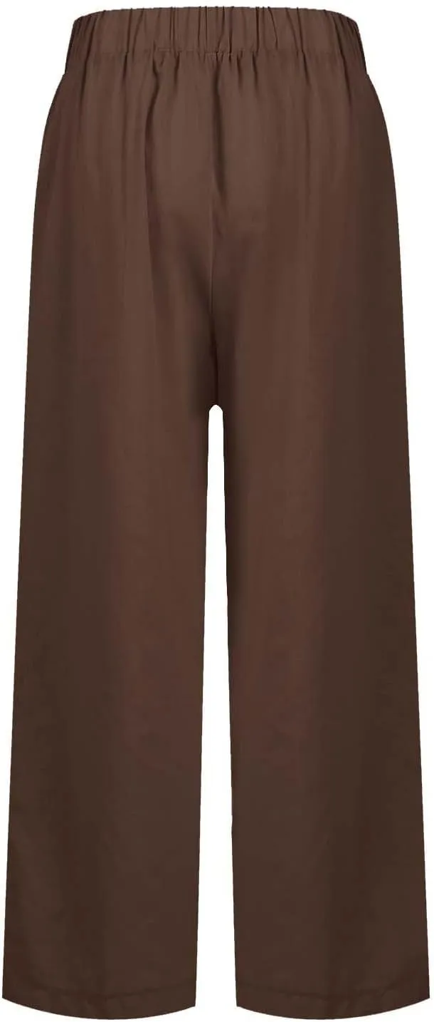 Cropped Linen Pants Women Summer Petite Plus Size Capri Pants Elastic Wide Leg Crop Pants Beach Trousers with Pockets