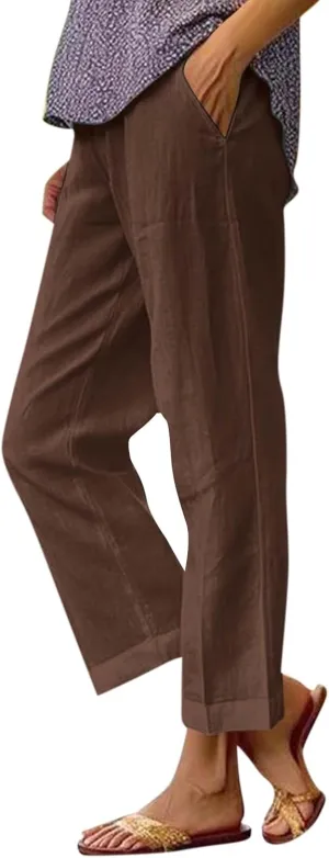 Cropped Linen Pants Women Summer Petite Plus Size Capri Pants Elastic Wide Leg Crop Pants Beach Trousers with Pockets