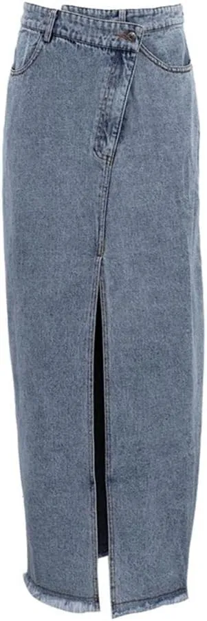 cu4eve Denim Maxi Skirts for Women Casual Summer High Waisted Long Jean Skirt with High Slit