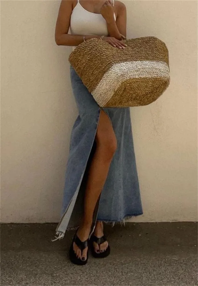 cu4eve Denim Maxi Skirts for Women Casual Summer High Waisted Long Jean Skirt with High Slit