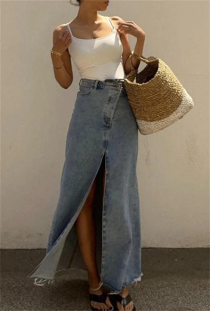 cu4eve Denim Maxi Skirts for Women Casual Summer High Waisted Long Jean Skirt with High Slit