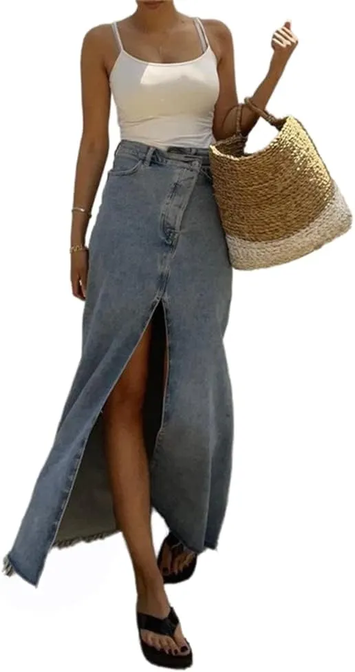 cu4eve Denim Maxi Skirts for Women Casual Summer High Waisted Long Jean Skirt with High Slit