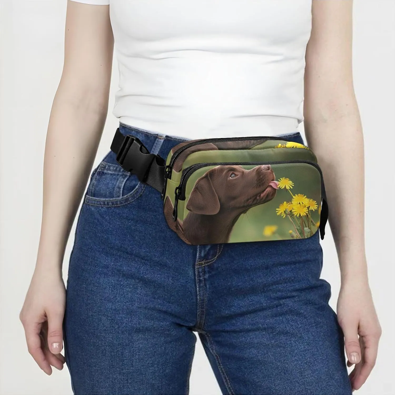 Curious Labrador Puppy Dandelion Waterproof Fanny Packs for Women Hip Bag Belt Purse Funny Crossbody Waist Purse