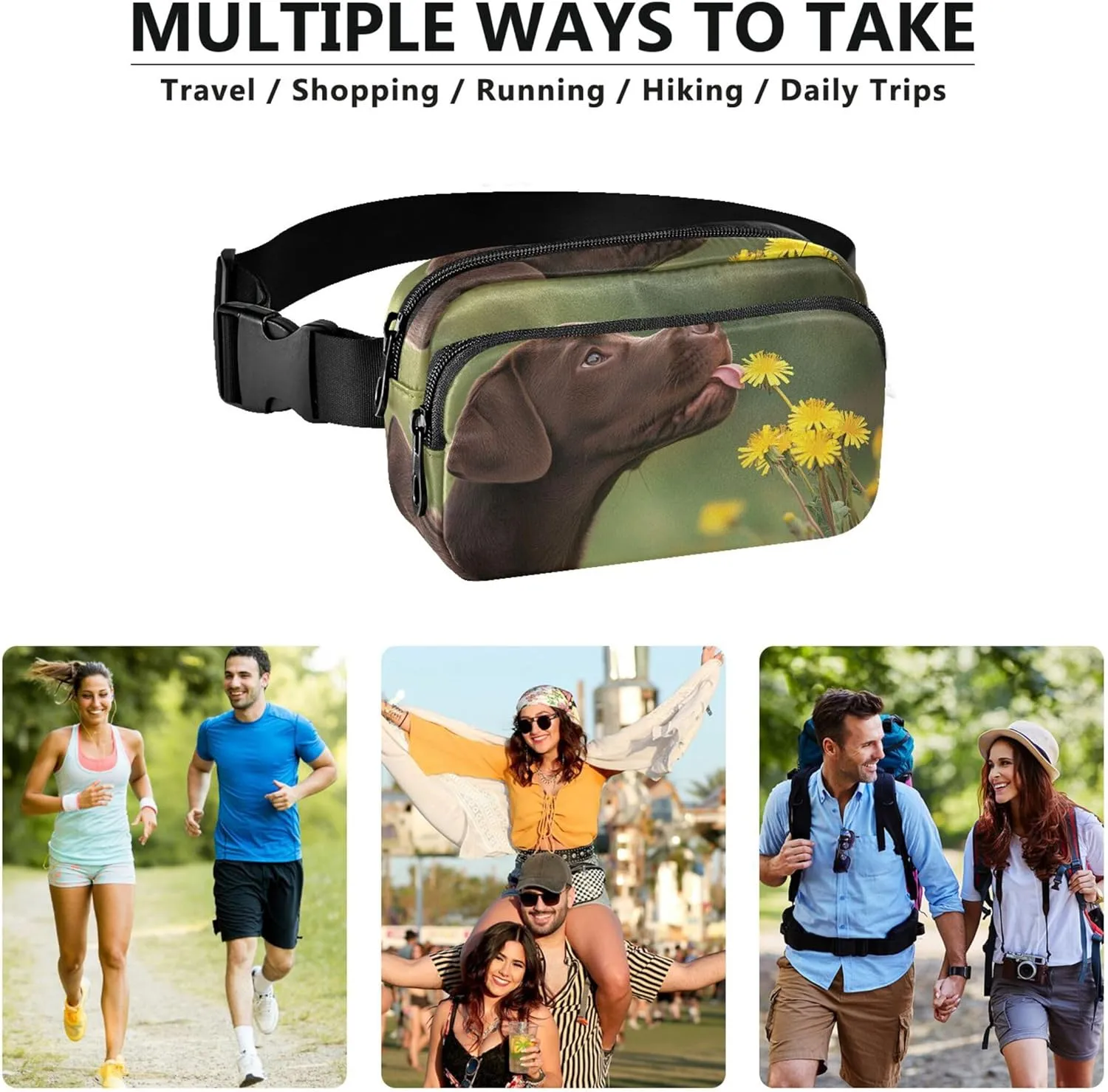 Curious Labrador Puppy Dandelion Waterproof Fanny Packs for Women Hip Bag Belt Purse Funny Crossbody Waist Purse