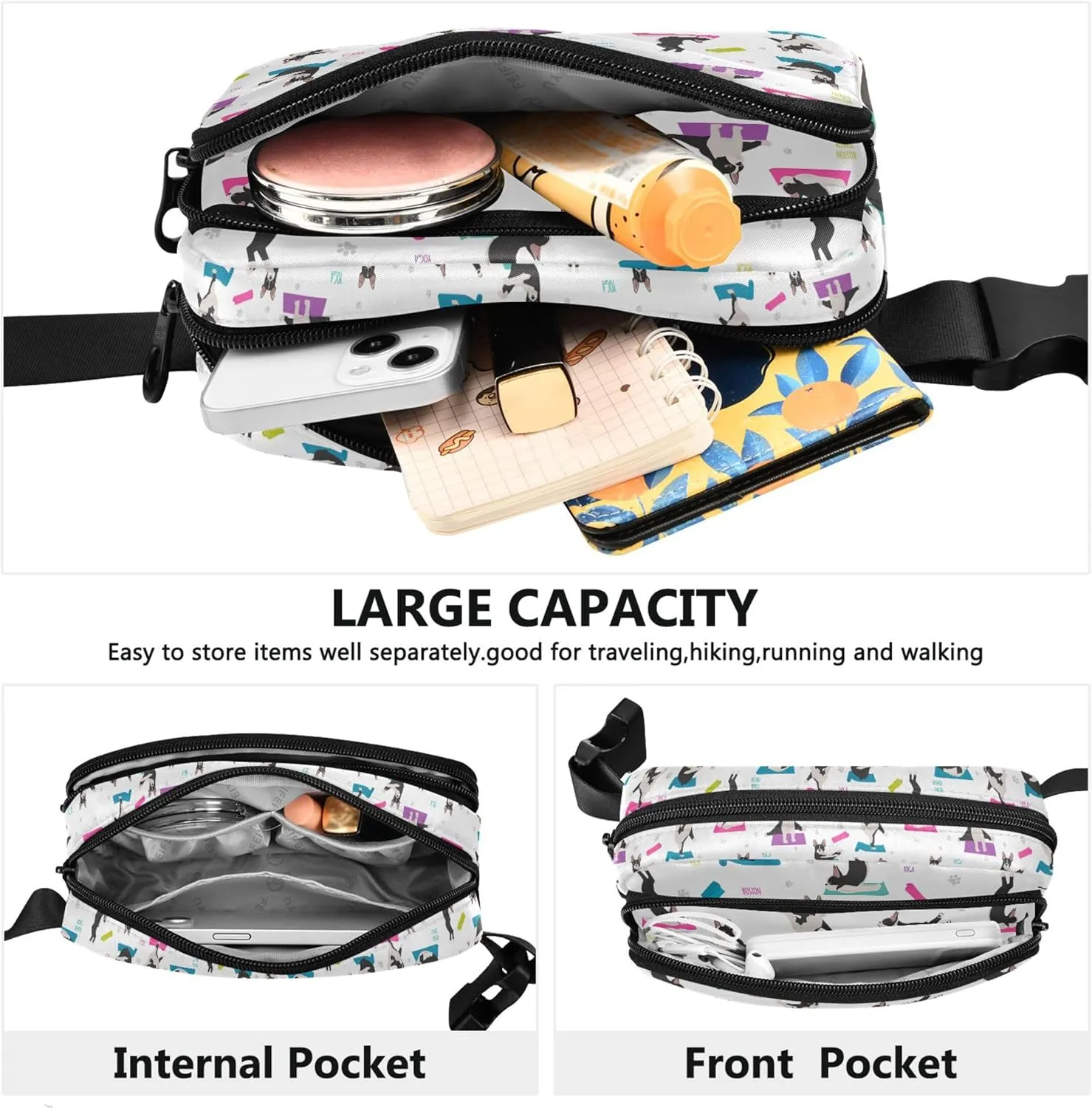 Custom Boston Terrier Yoga Dogs Puppy Women Fanny Packs Hip Pouch Belt Bag Waterproof Trendy Waist Pouch for Women