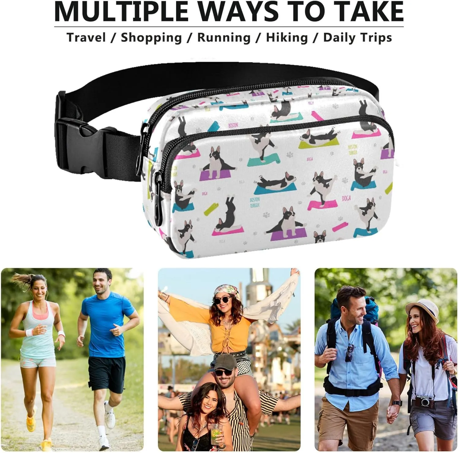 Custom Boston Terrier Yoga Dogs Puppy Women Fanny Packs Hip Pouch Belt Bag Waterproof Trendy Waist Pouch for Women