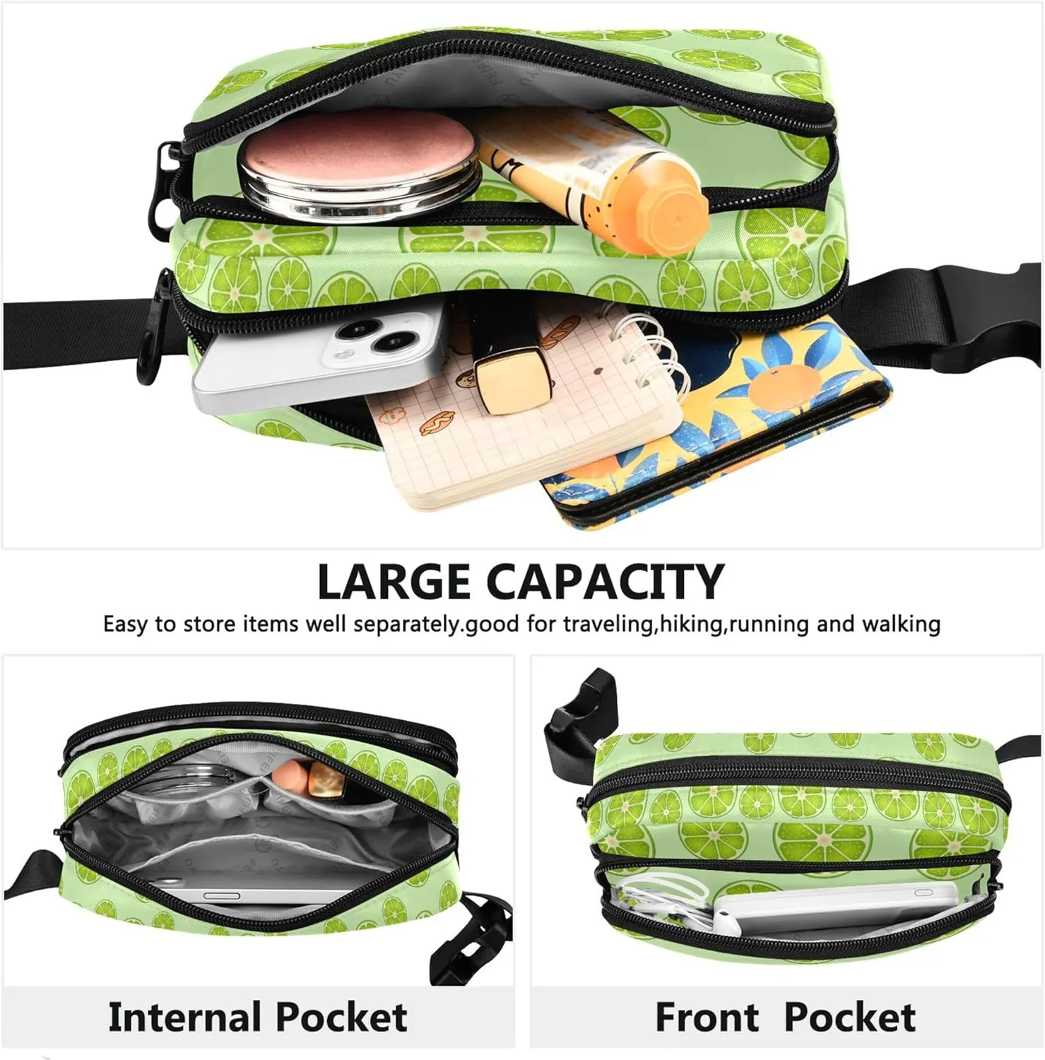 Custom Fruit Lemon Lime Green Waterproof Fanny Packs Women Hip Pack Belt Bag Colorful Travel Waist Pouch