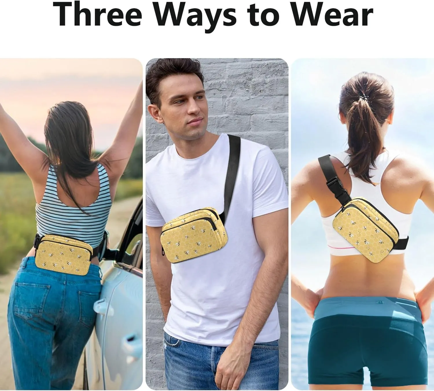 Customized Bee Yellow Honeycomb Women Fanny Packs Waterproof Everywhere Belt Bag Cute Travel Waist Bag
