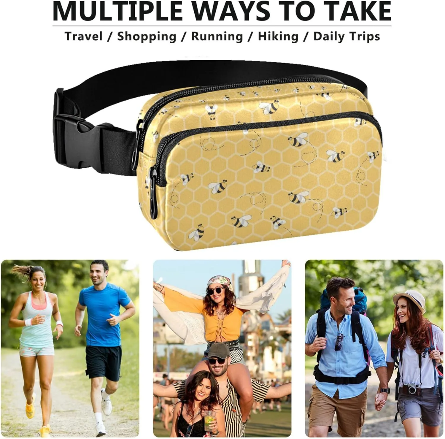 Customized Bee Yellow Honeycomb Women Fanny Packs Waterproof Everywhere Belt Bag Cute Travel Waist Bag