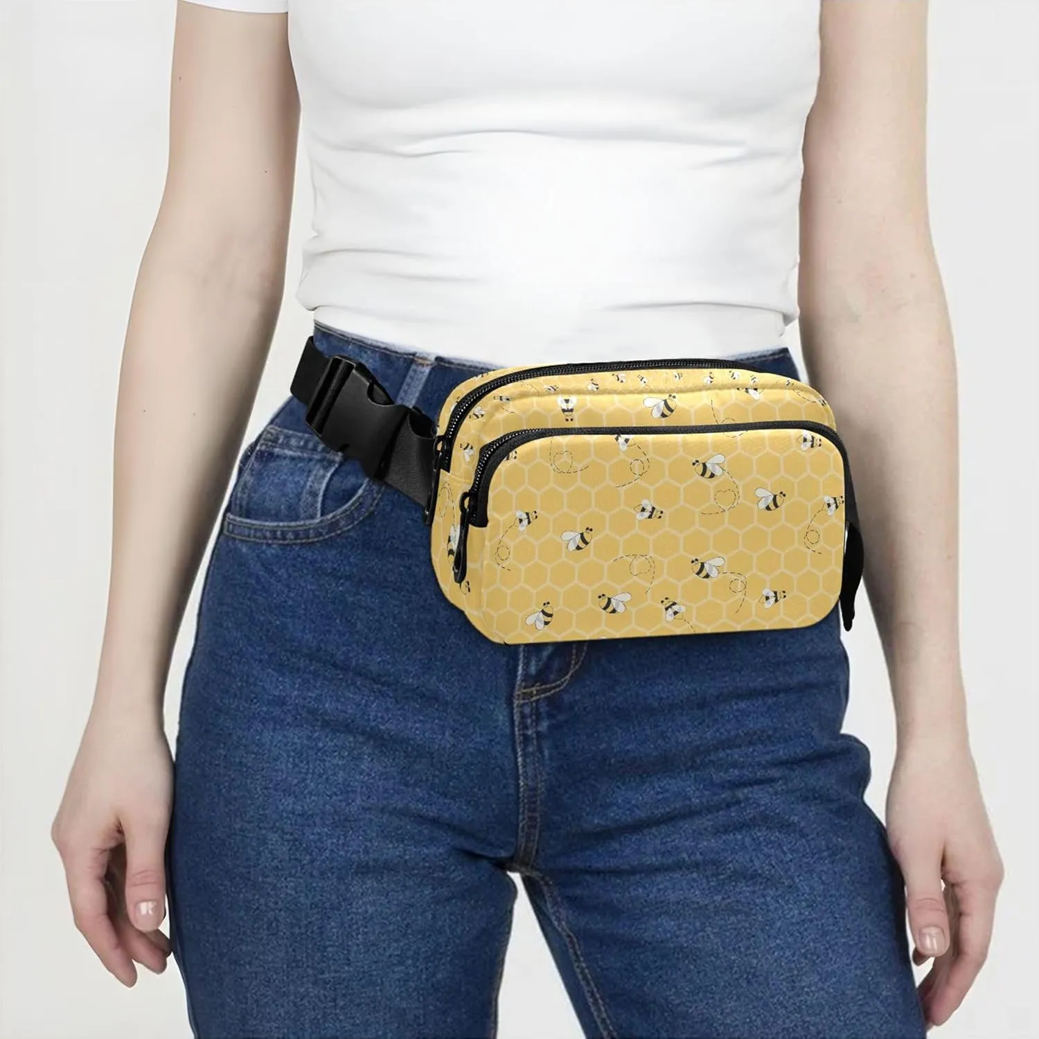Customized Bee Yellow Honeycomb Women Fanny Packs Waterproof Everywhere Belt Bag Cute Travel Waist Bag