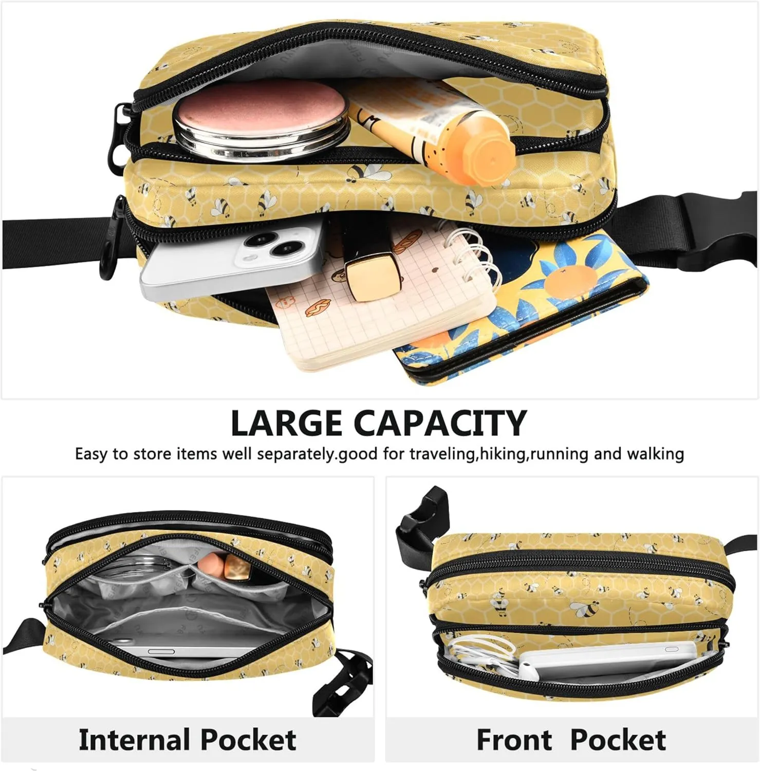 Customized Bee Yellow Honeycomb Women Fanny Packs Waterproof Everywhere Belt Bag Cute Travel Waist Bag