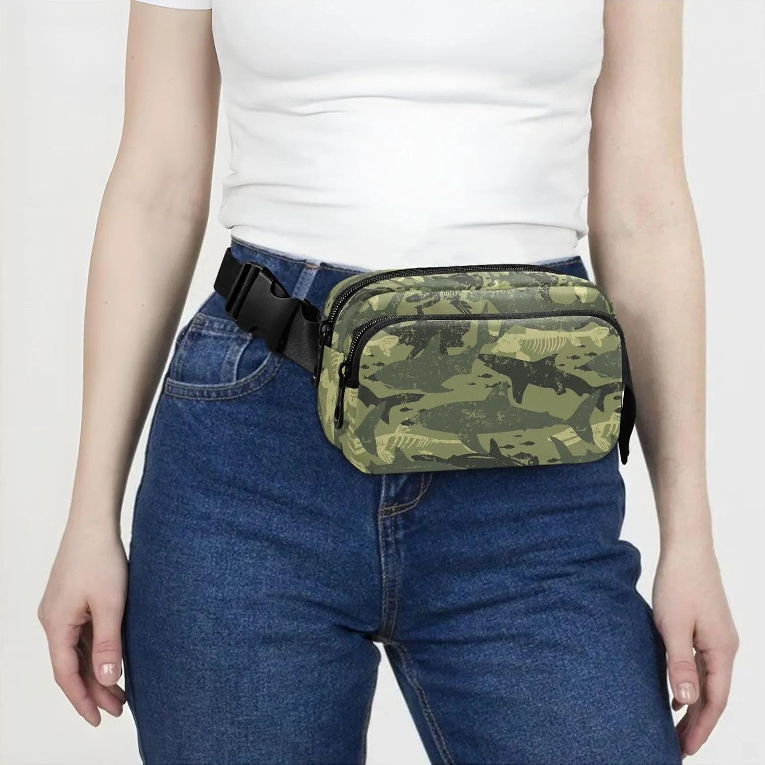 Customized Camouflage Shark Green Women Fanny Packs Belt Bag Hip Pouch Waterproof Bright Color Waist Purse for Women
