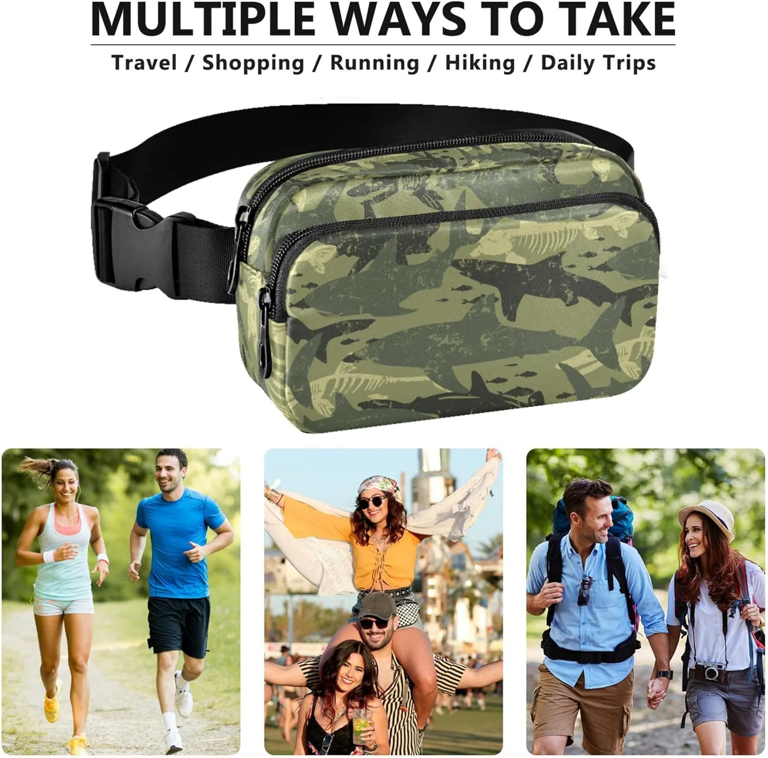 Customized Camouflage Shark Green Women Fanny Packs Belt Bag Hip Pouch Waterproof Bright Color Waist Purse for Women