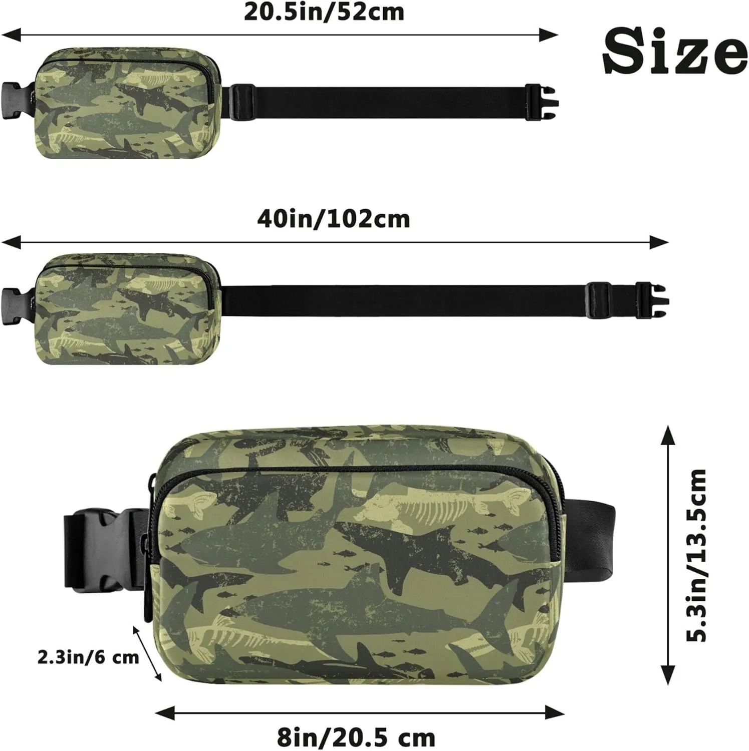 Customized Camouflage Shark Green Women Fanny Packs Belt Bag Hip Pouch Waterproof Bright Color Waist Purse for Women