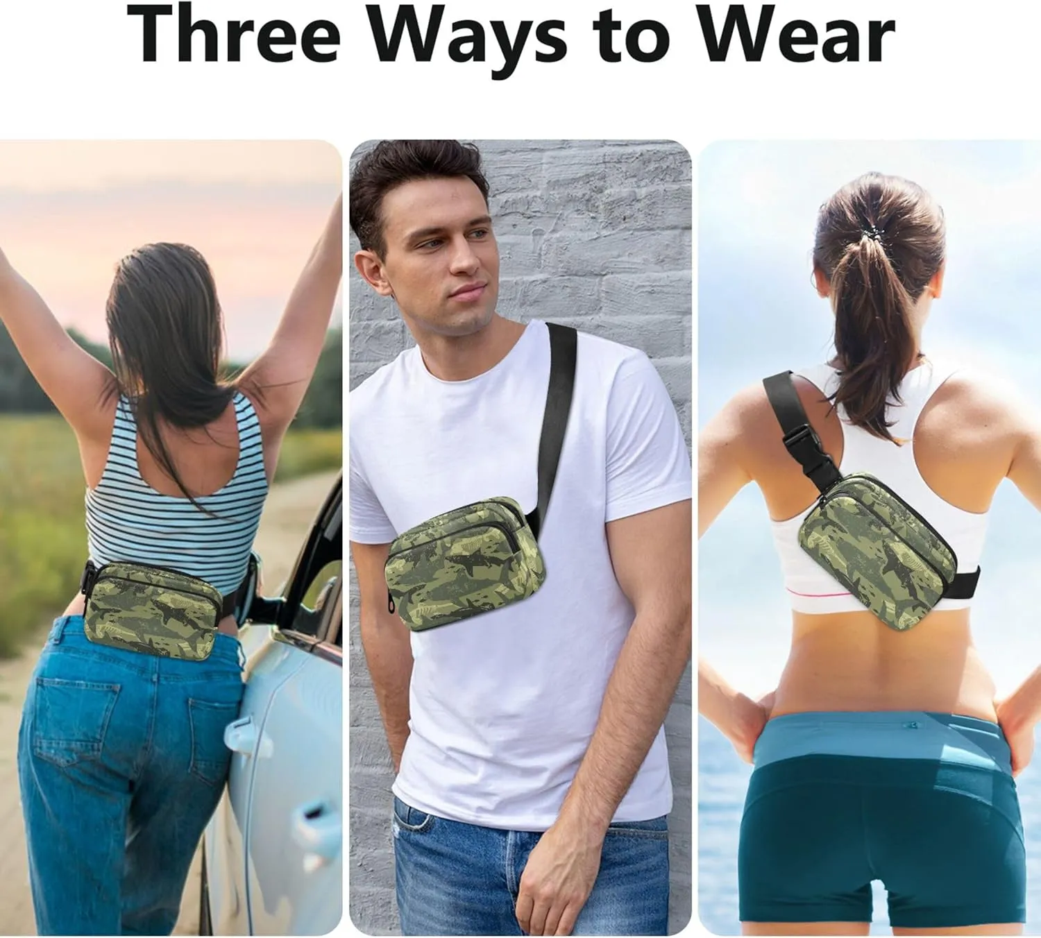 Customized Camouflage Shark Green Women Fanny Packs Belt Bag Hip Pouch Waterproof Bright Color Waist Purse for Women