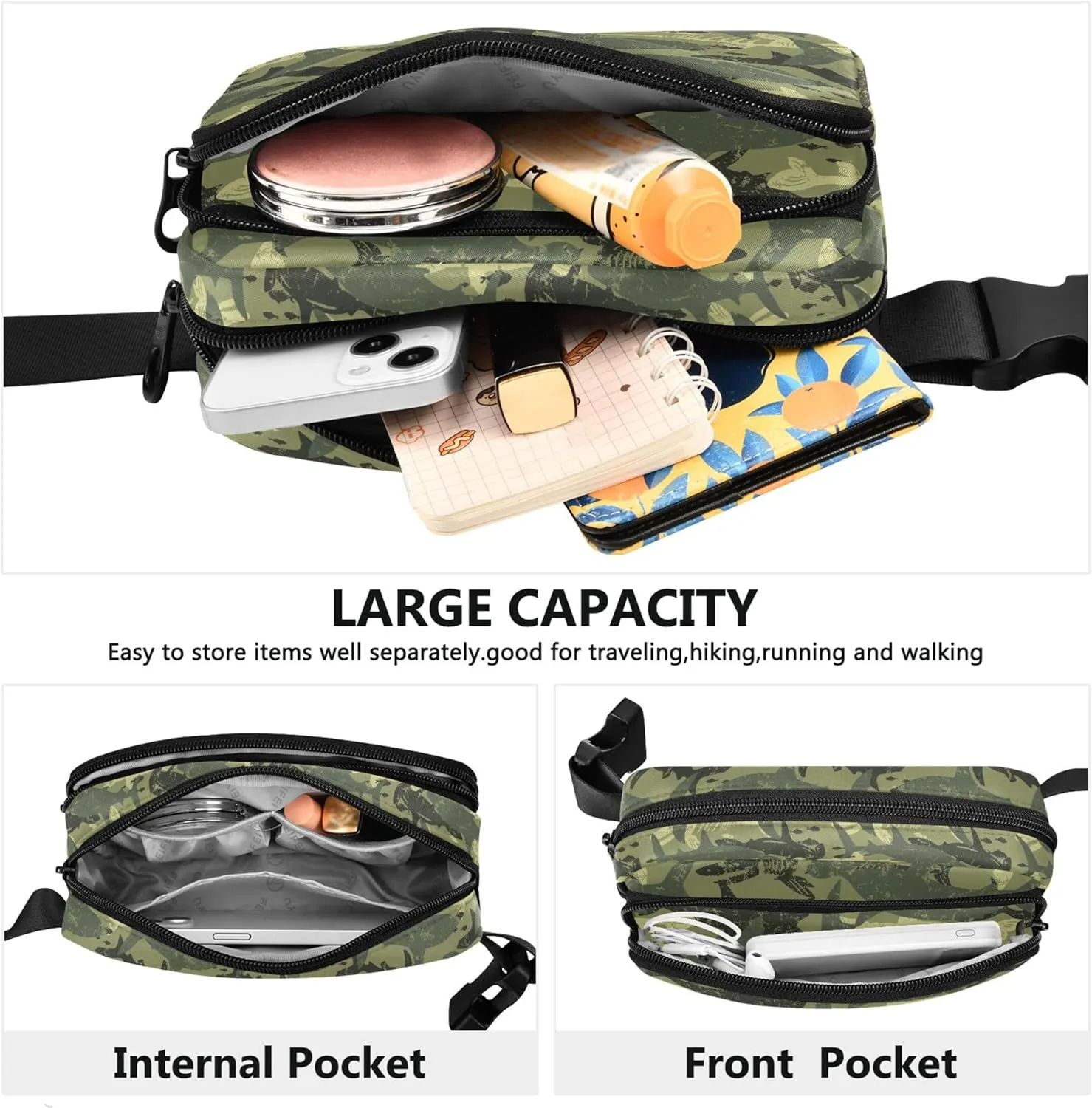 Customized Camouflage Shark Green Women Fanny Packs Belt Bag Hip Pouch Waterproof Bright Color Waist Purse for Women