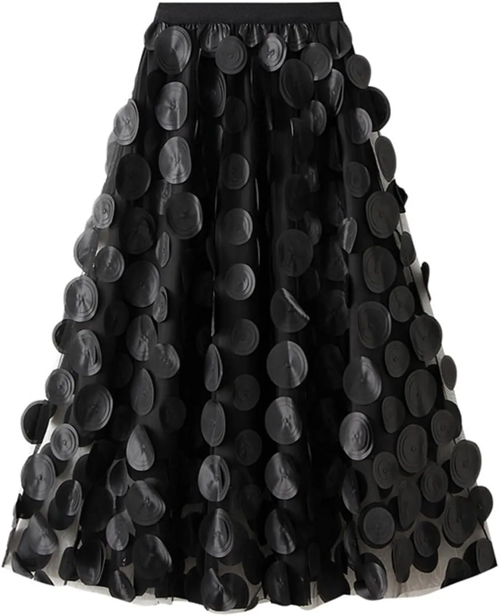 Cute 3D Polka Dots Midi Skirt for Women Elastic Waist Flowy Tulle A-Line Skirts Wedding Halloween Party Mesh Skirt
